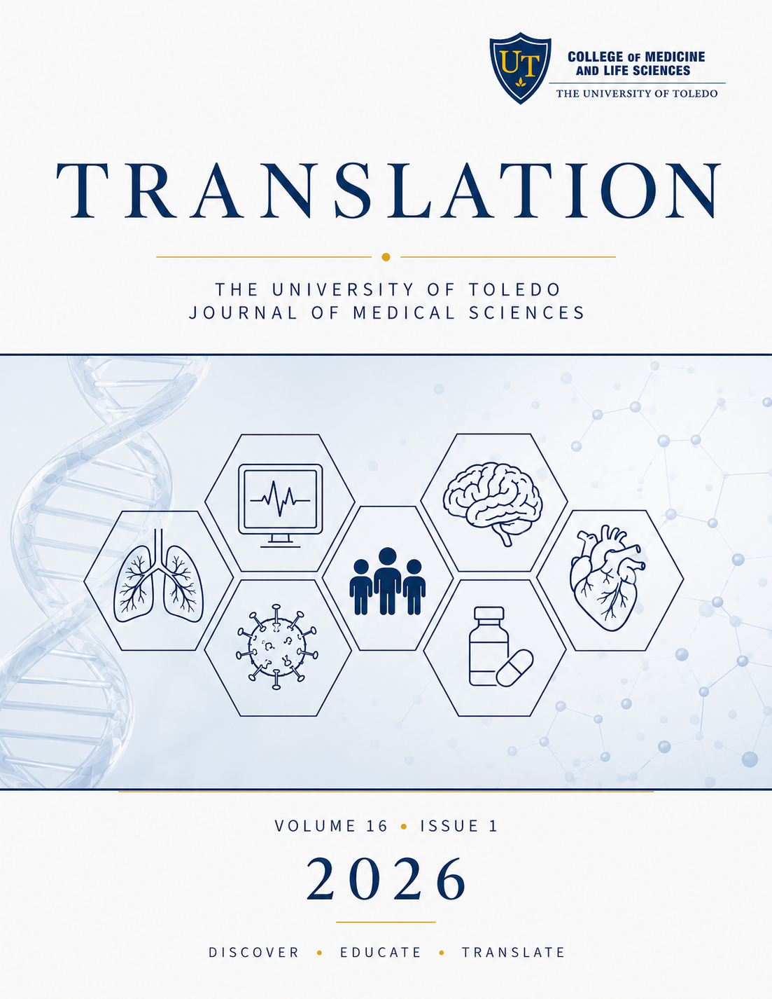 Cover of Translation: The University of Toledo Journal of Medical Sciences, Volume 16, Issue 1 (2026). The cover features a minimalist blue and white design with the University of Toledo College of Medicine and Life Sciences logo in the upper right, a DNA double helix, and hexagonal scientific icons representing the lungs, cardiovascular system, brain, infectious disease, medications, patient care, and medical monitoring.