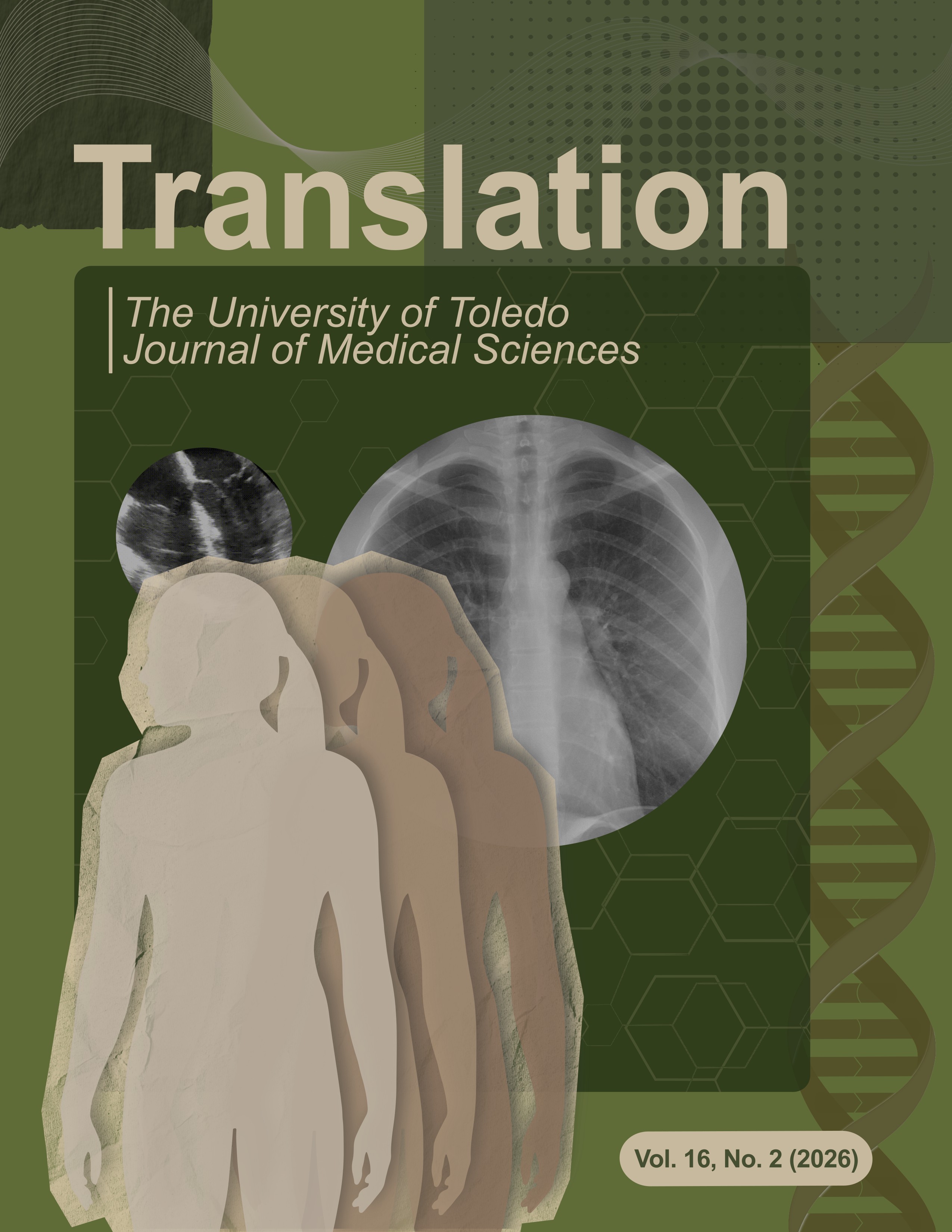 Cover of Translation: The University of Toledo Journal of Medical Sciences, Volume 16, Issue 2 (2026). The cover features a layered green collage design with the journal title "Translation" in large tan lettering across the top and the full journal name set within a darker green panel. The central artwork shows three overlapping human silhouettes in cream, tan, and brown tones layered with circular medical imaging insets - an ultrasound image and a chest radiograph. A gold DNA double helix runs vertically along the right edge, and a honeycomb hexagonal pattern textures the background, with the volume and issue designation ("Vol. 16, No. 2 (2026)") displayed in a rounded tan banner in the lower right corner.