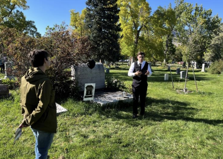 Volunteer Jamie Lammers, a University of Colorado Boulder student, portrays Louis Garbarino, a saloon owner and entrepreneur, in Historic Boulder’s Meet the Spirits (2022). Photograph courtesy of Heather Kelley.